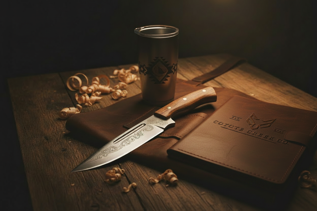 Desktop scene with leather notebook